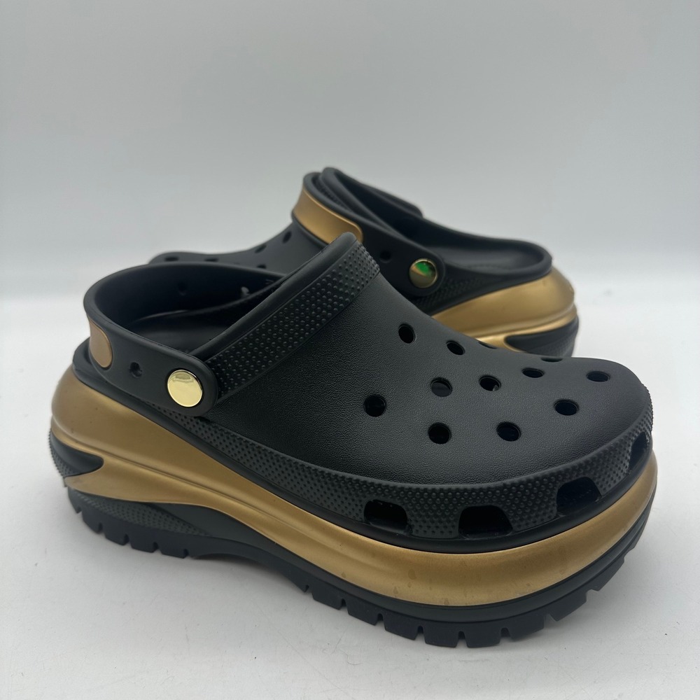 Crocs 210368 Womens 8 Mens 6 Mega Crush Metallic Clog BLK/Gold Platform Sandals